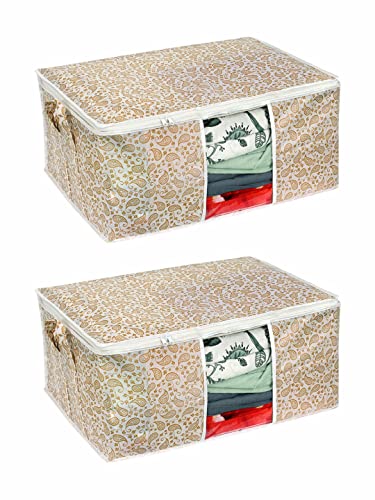 Prettykrafts Underbed JUTE Print Storage Bag, Storage Organizer, Blanket Cover with Side Handles (Set of 2) - Jute…