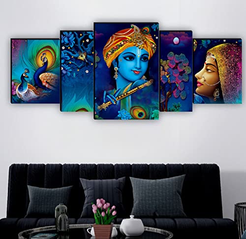 SAF Set of 5 Radha Krishna with couple peacock UV Textured Home Decorative Gift Item MDF Panel Painting 18 Inch X 42…