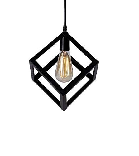 Somil 7W Metal Vintage Style Cube Shape Pendant Hanging Ceiling Lamp Light with All Fixture for 5 to 60 Watt LED (Black)