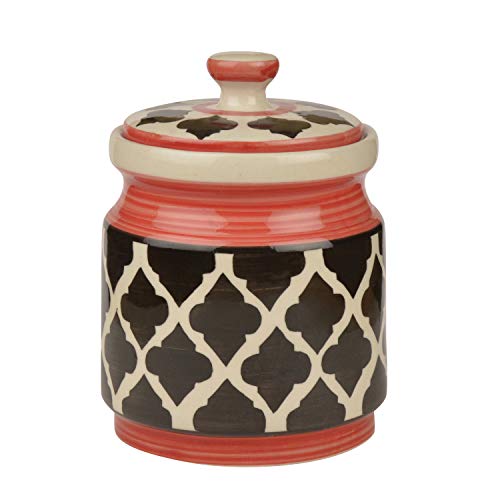 StyleMyWay Hand Glazed Ceramic Round Jar (Burni) with Lid (1000 ml, Black, Red) | Ceramic Multi-Utility Storage Jar…