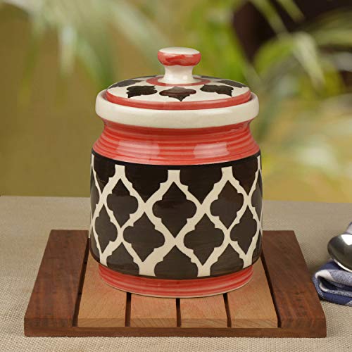 StyleMyWay Hand Glazed Ceramic Round Jar (Burni) with Lid (1000 ml, Black, Red) | Ceramic Multi-Utility Storage Jar…