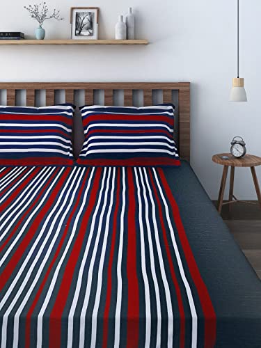 Swayam Magical Linea Stripes Cotton Bedsheet with 2 Pillow Covers - King Size, Denim Blue Stripes