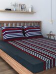 Swayam Magical Linea Stripes Cotton Bedsheet with 2 Pillow Covers - King Size, Denim Blue Stripes