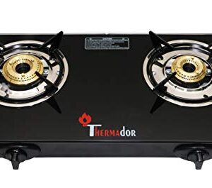 Thermador Toughened ISI Certified 2 Brass Burner Glass Top Gas Stove (LPG Use Only, Auto Ignition, Black)