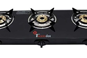 Thermador Toughened ISI Certified 3 Brass Burner Glass Gas Stove (LPG Use Only, Auto Ignition, Black)