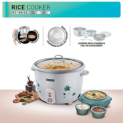 USHA RC18GS2 Steamer 700 Watt Automatic Rice Cooker 1.8 Litres with Powerful Heating Element, Keep Rice Warm for 5 Hrs…