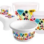 Kuber Industries Disney Mickey Minnie Print Plastic Bathroom Set of 5 Pieces with Bucket, Tub, Stool, Dustbin & Mug (White)-KUBMARTS15273 -H