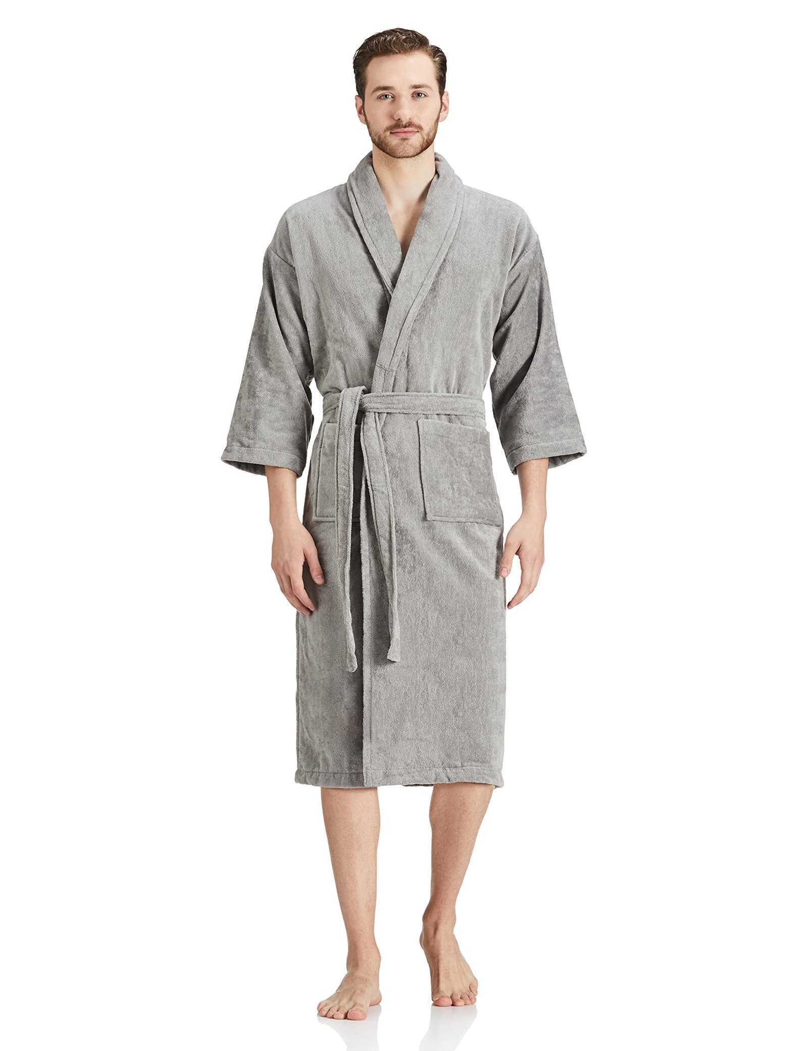 71uJNiCjuEL.jpg Amazon Brand - Solimo 100% Cotton Unisex Bathrobe, Ash Grey, Large, Set Of 1 - Image 1
