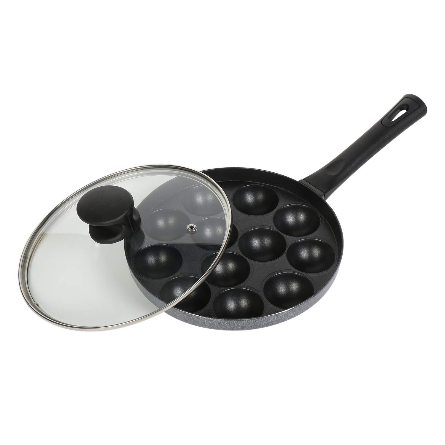 61vd5RkF74L.jpg Tosaa Non-Stick Aluminium 12 Cavity Appam Patra Paniyarakkal One Side Handle with Glass lid & Wooden Picker - Image 1