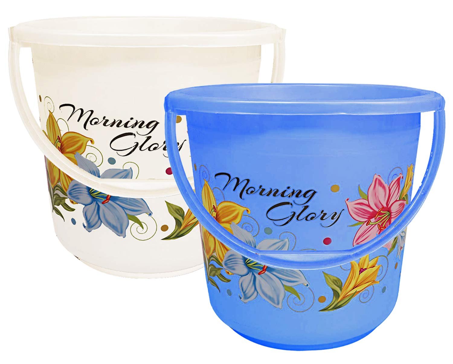 71ML1lQvIGL.jpg Kuber Industries Floral Print 2 Pieces Unbreakable Strong Plastic Bathroom Bucket 16 Ltr (White & Blue) - Ctktc134879 - Image 1