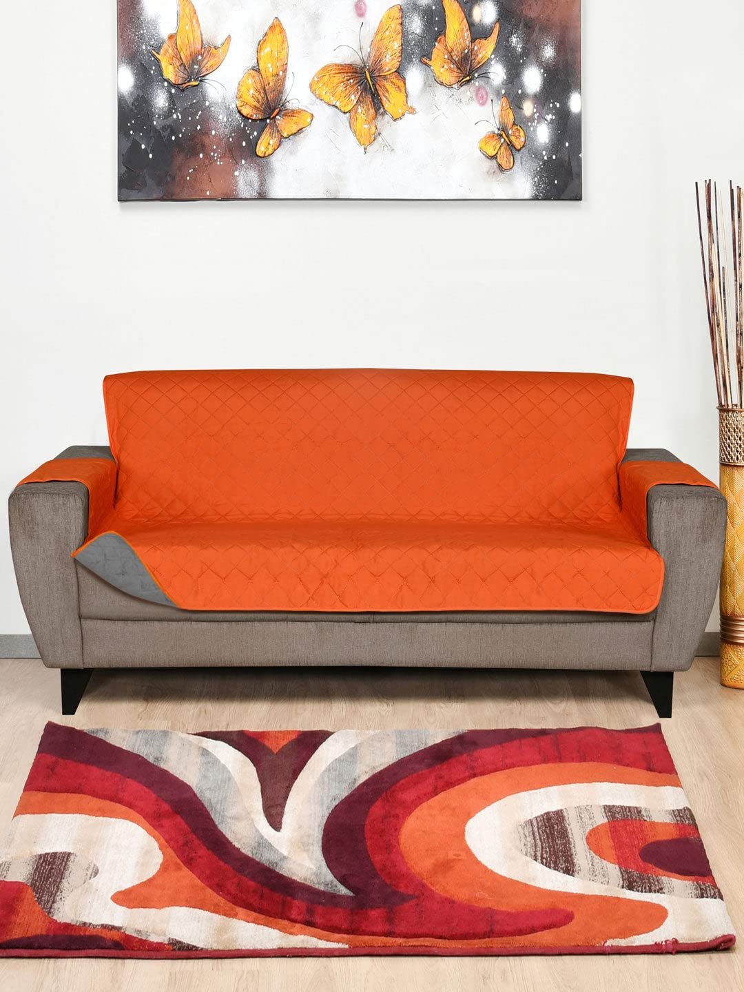 71S2IYO3-sL-1.jpg @home by Nilkamal Reversible 3 Seater Polyester Sofa Cover, Orange & Grey Reversible Quilted Sofa Cushion Couch Cover, Slipcover Protector, - Image 1