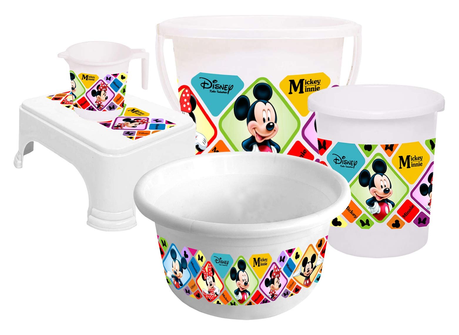 71UWIAz-MCL.jpg Kuber Industries Disney Mickey Minnie Print Plastic Bathroom Set of 5 Pieces with Bucket, Tub, Stool, Dustbin & Mug (White)-KUBMARTS15273 -H - Image 1
