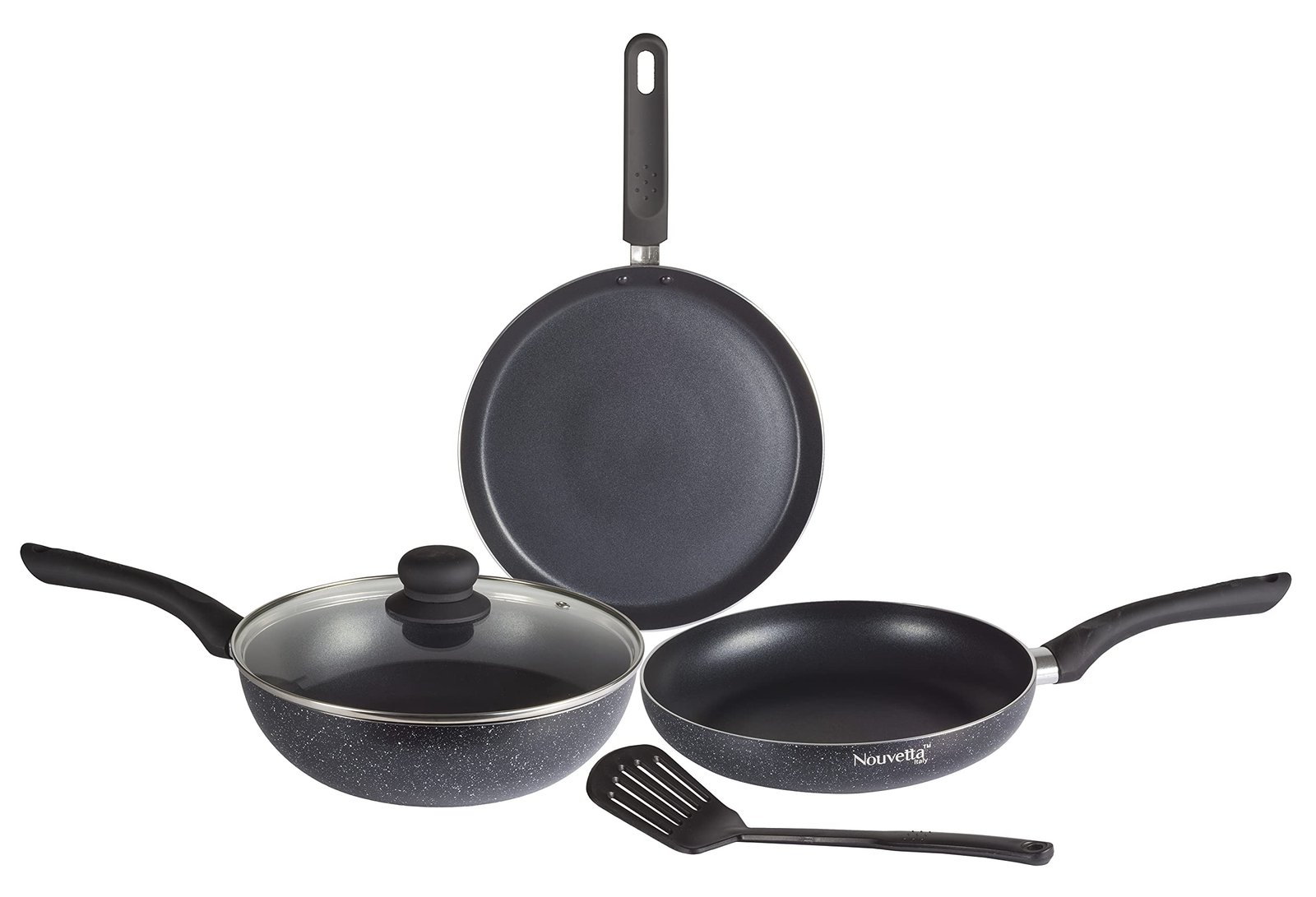 71WCmt0cgpL.jpg Nouvetta Andria Non-Stick Cookware Set of 5 peices(Dosa Tawa, Kadhai,Frying Pan, Glass Lid,Serving Spoon), Thickness of 3 mm, Black - Image 1