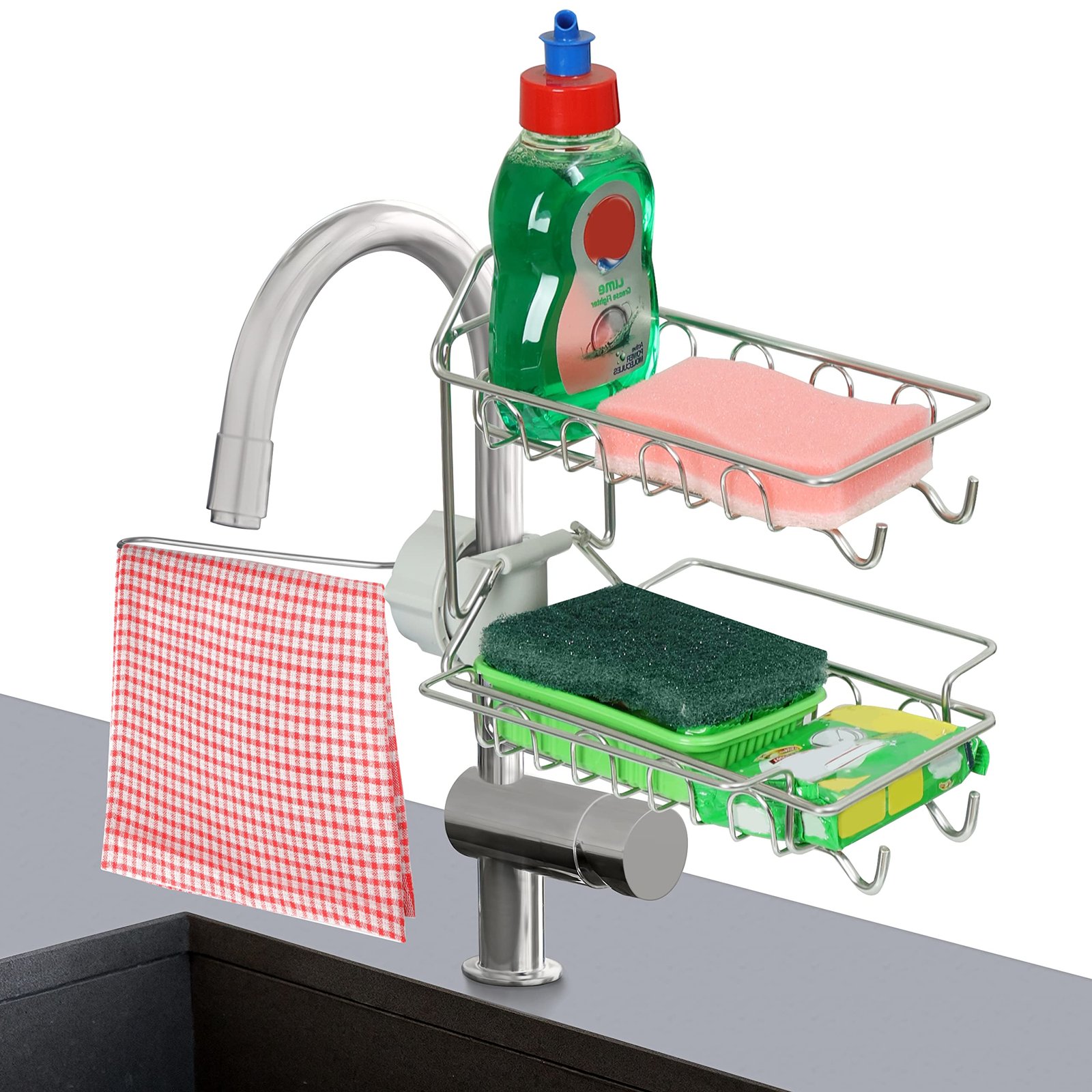 81bN4XHl05L.jpg ABOUT SPACE Faucet Storage Holder - 2 Tier Adjustable Faucet Storage with Towel Rack - Kitchen Sink Tap Holder Caddy Sponge Rack-Tap Drainer - Image 1