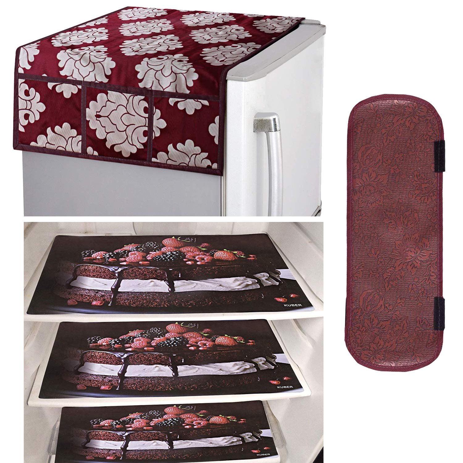 81lXLfLbWL.jpg PVC 3 Fridge Mats, 1 Handle Cover & 1 Fridge Top Cover Maroon - Image 1